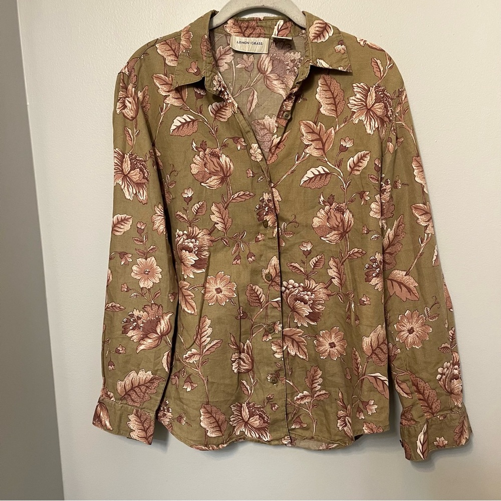 Lemon Grass Women S Long Sleeve brown tan Floral Casual button down top EUC Vtg